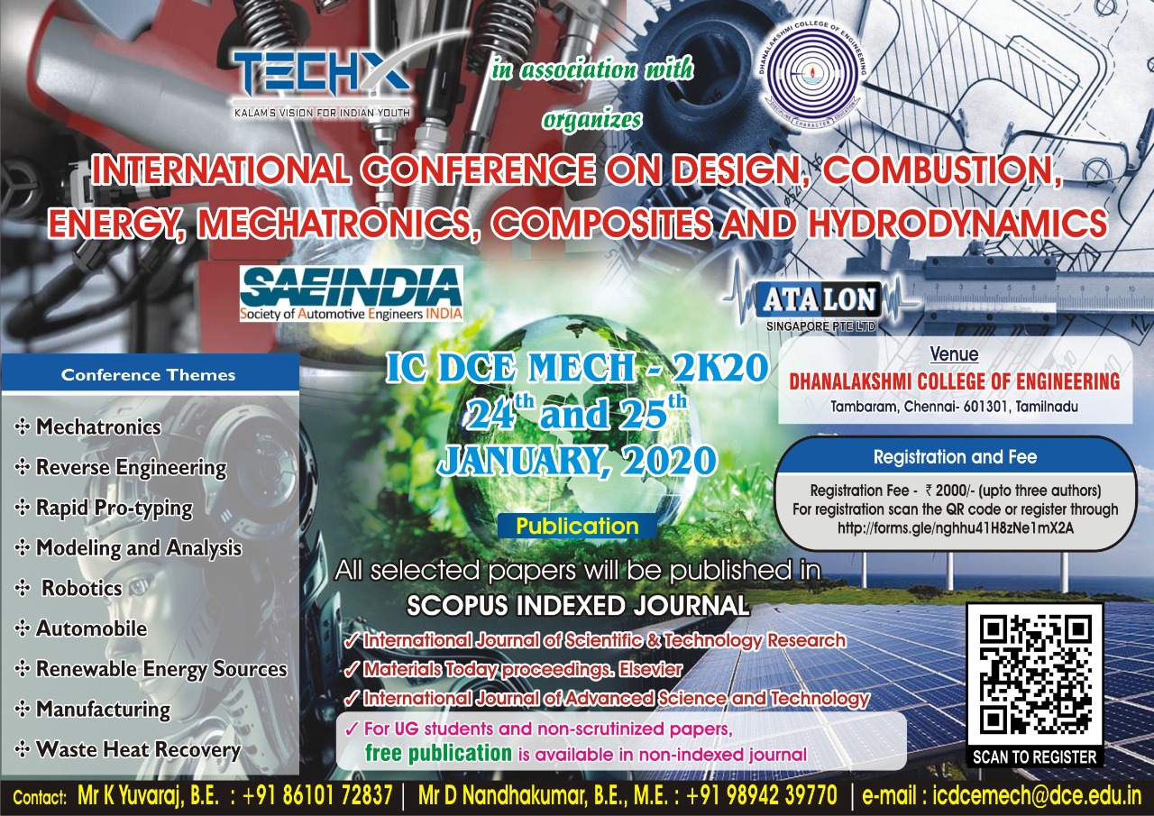International Conference on Design, Combustion, Energy, Mechatronics, Composites and Hydrodynamics IC DCE MECH 2K20